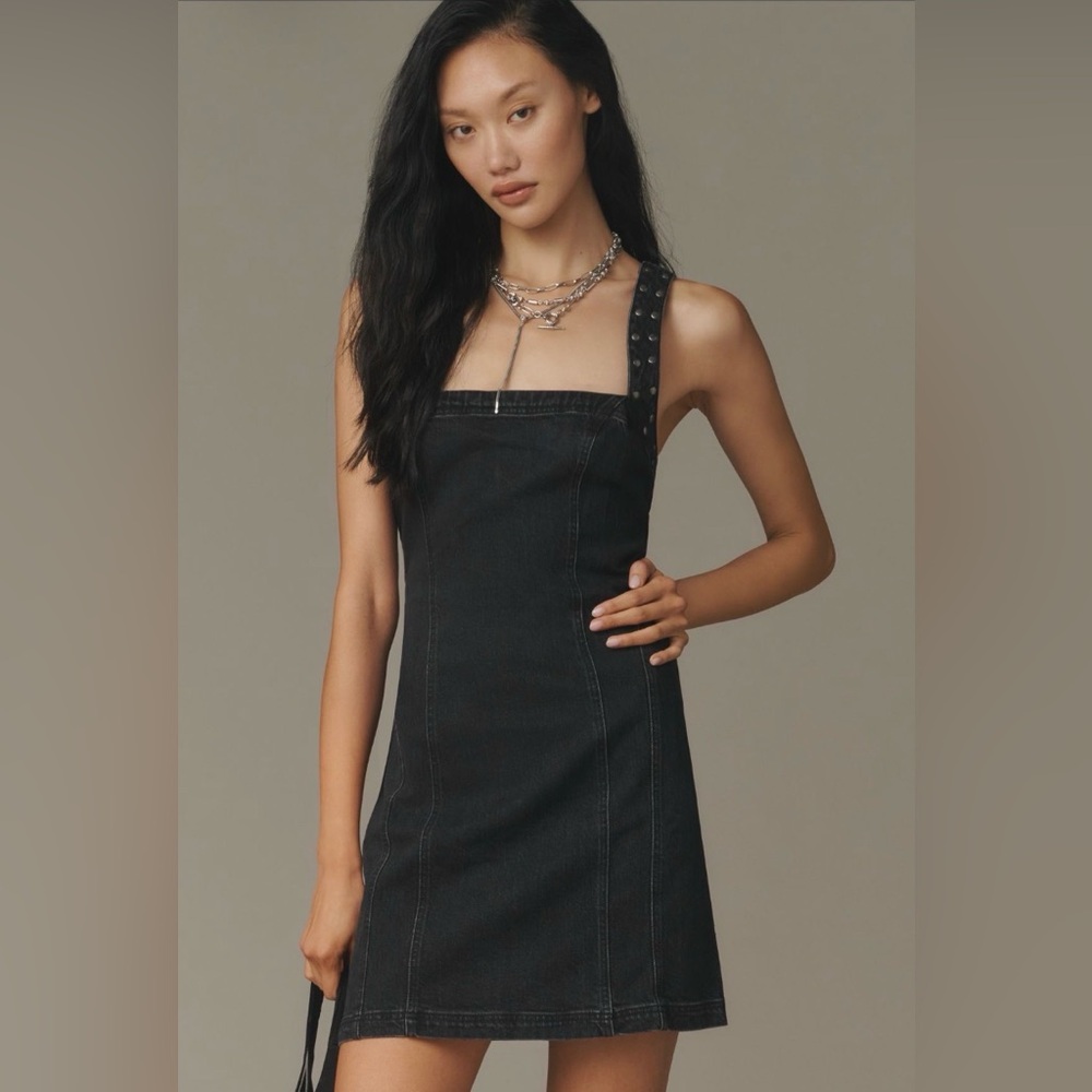 ✨ Anthropologie Studded Square-Neck Denim Mini Dress Sz XL